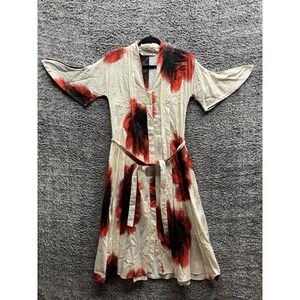 Zara‎ Red & Black Tie Dye Print Wrap Midi Dress Belted Short Sleeve Women's XS